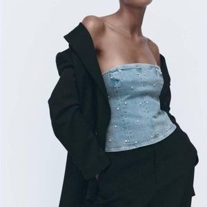 Zara women’s blue denim corset with rhinestones jewelry embroidered zip size M